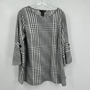 Ali Miles Womens Pullover Top Size M Black White Plaid Art To Wear Bell Sleeve